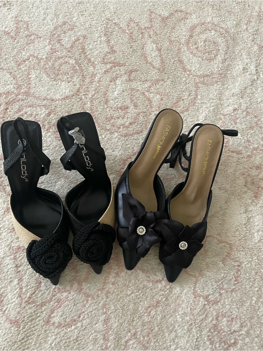 Fashion Nova Black Satin Floral Slingback Heels